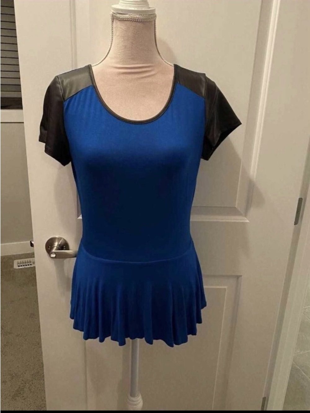 Blue and Black Faux Leather Peplum Top - S